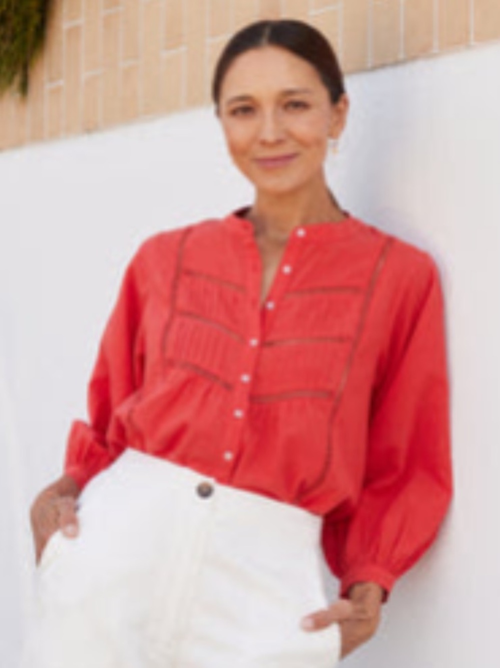 MAYE Paloma 100% Cotton Eyelet Blouse in Tomato Red Button-Front Peasant